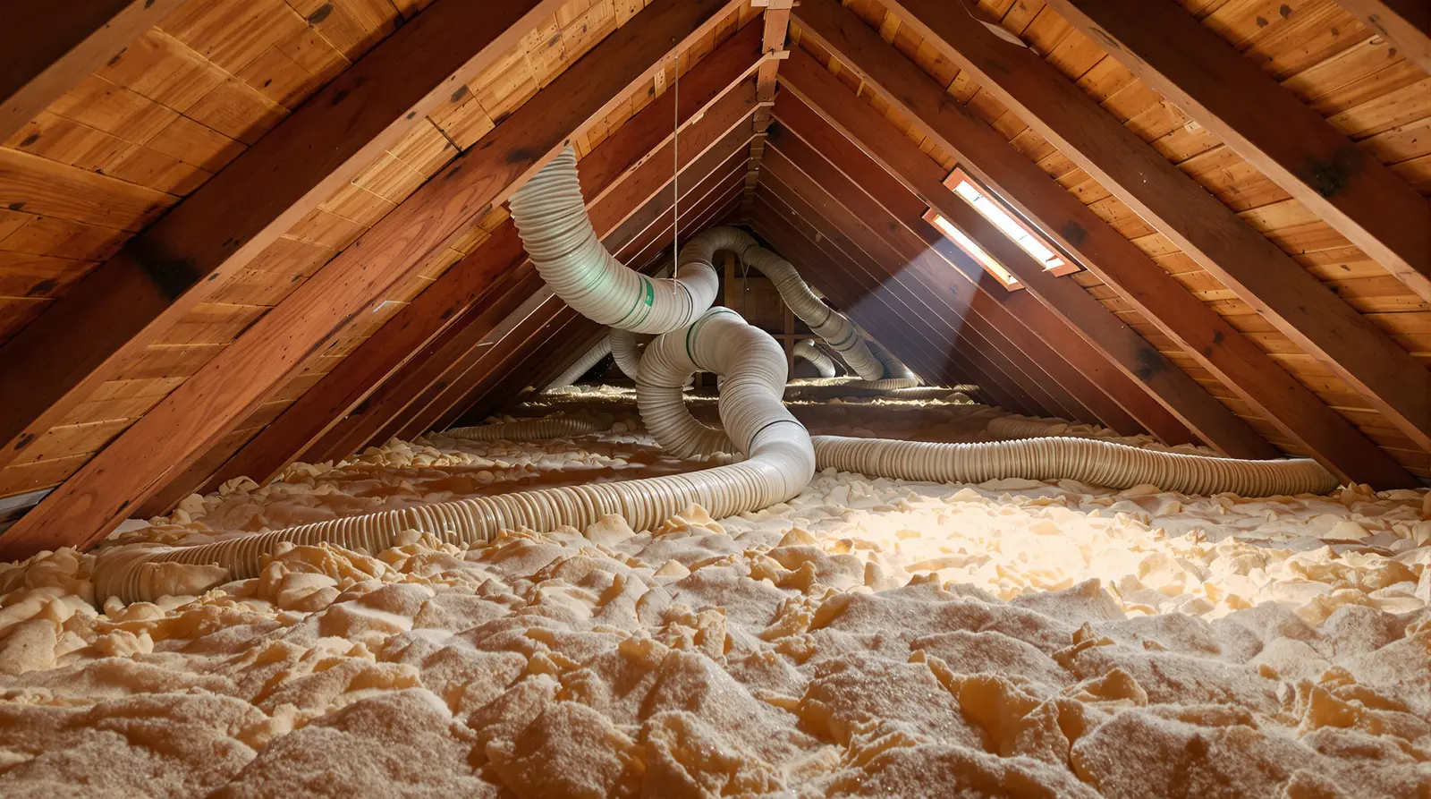 Interior view of a hot Gulf Coast attic showing exposed ductwork and insulation