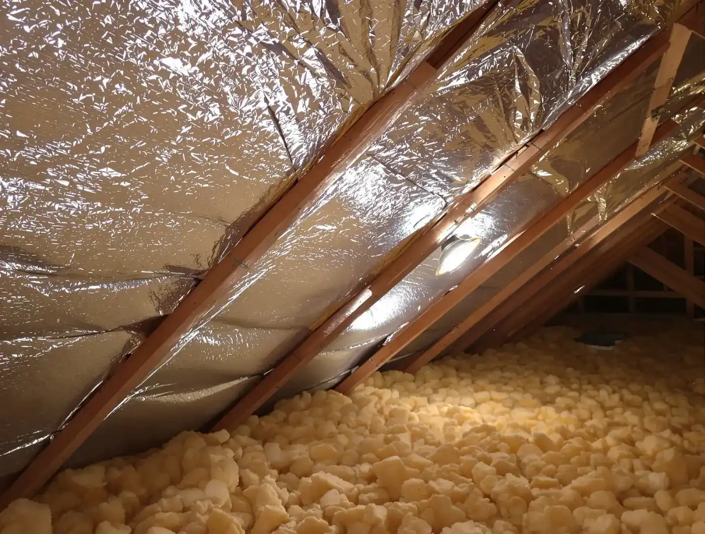 Radiant barrier foil installed on the underside of attic rafters reflecting heat back toward the roof