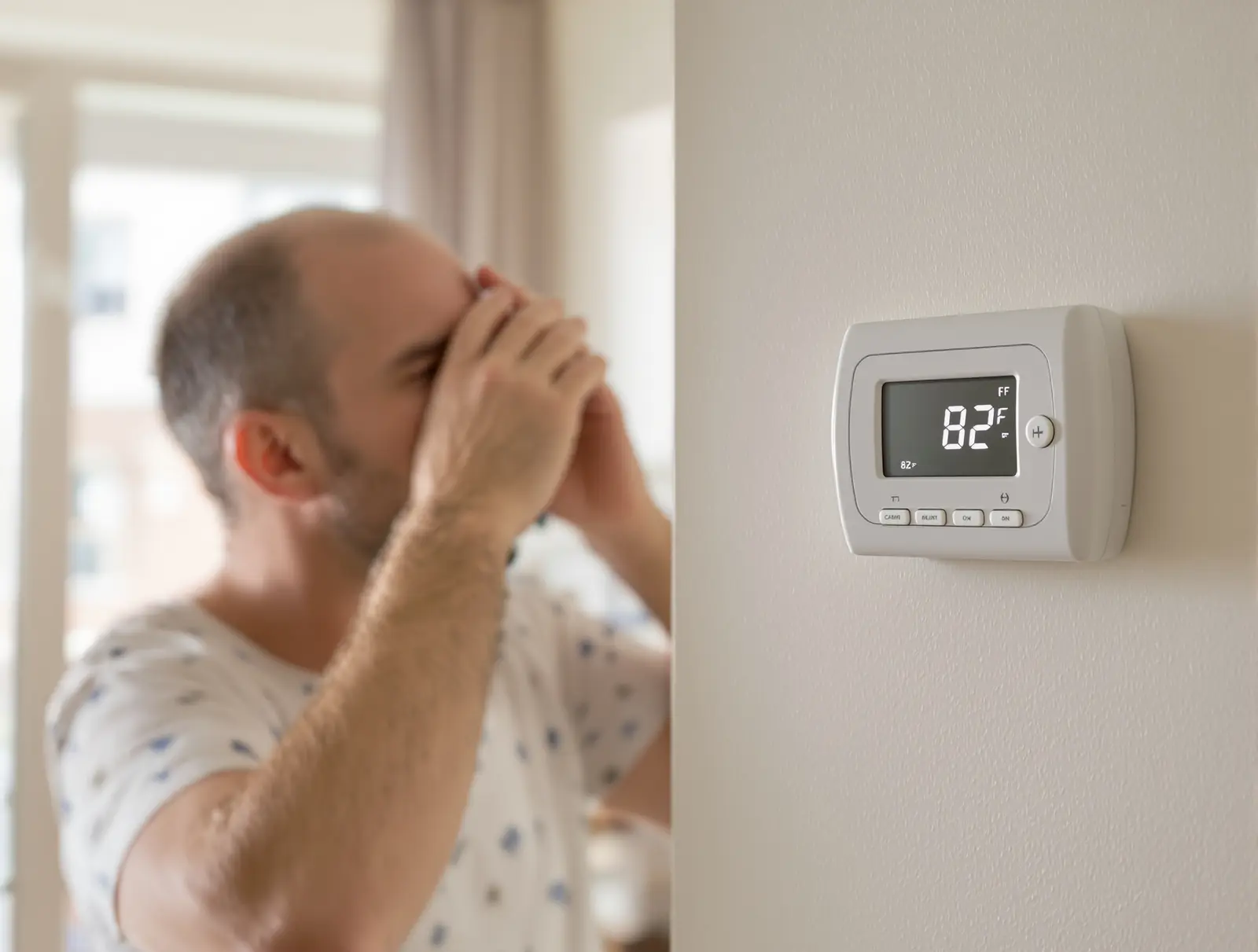 Frustrated homeowner adjusting thermostat on a hot summer day