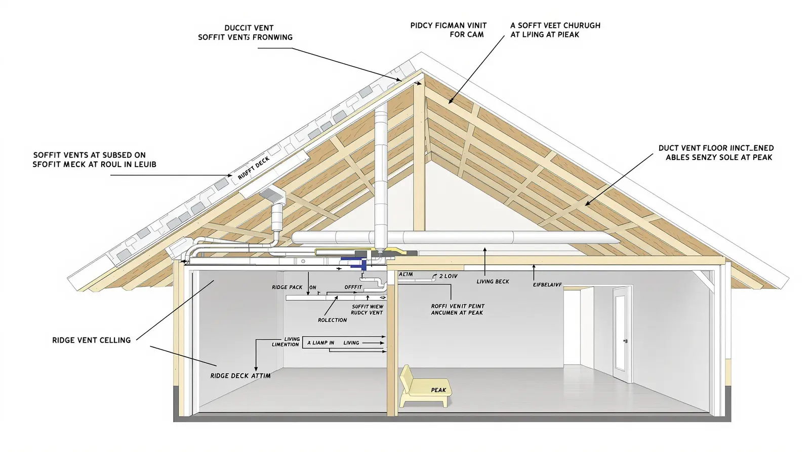 Cross-section diagram of an attic showing how heat moves from the roof through insulation to the living space