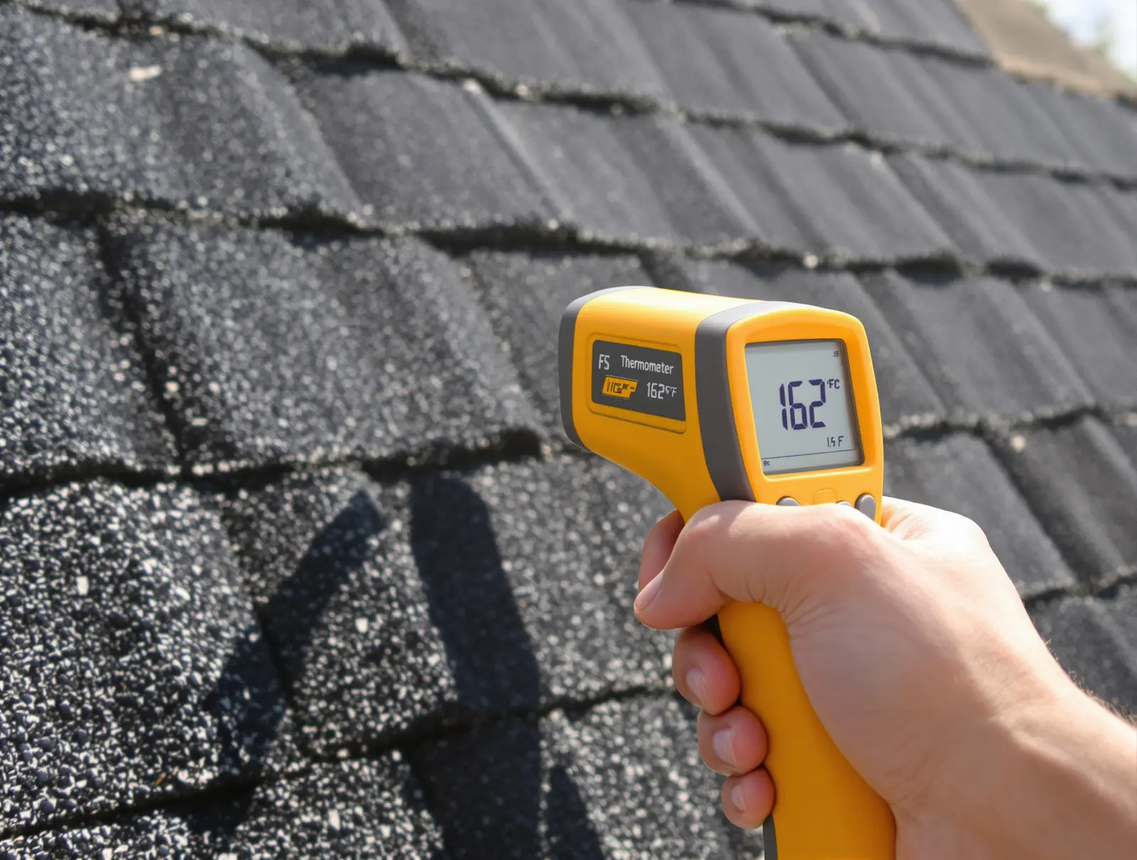 Person using an infrared thermometer to measure roof surface temperature on a sunny afternoon