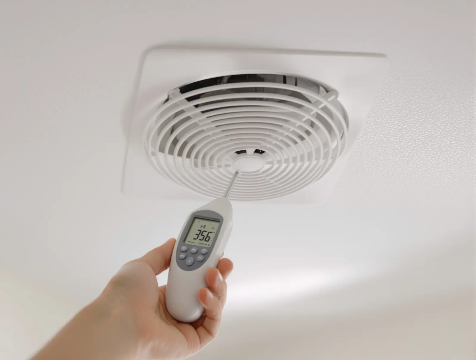 Person holding a thermometer at a supply register to measure the temperature of air coming from the duct