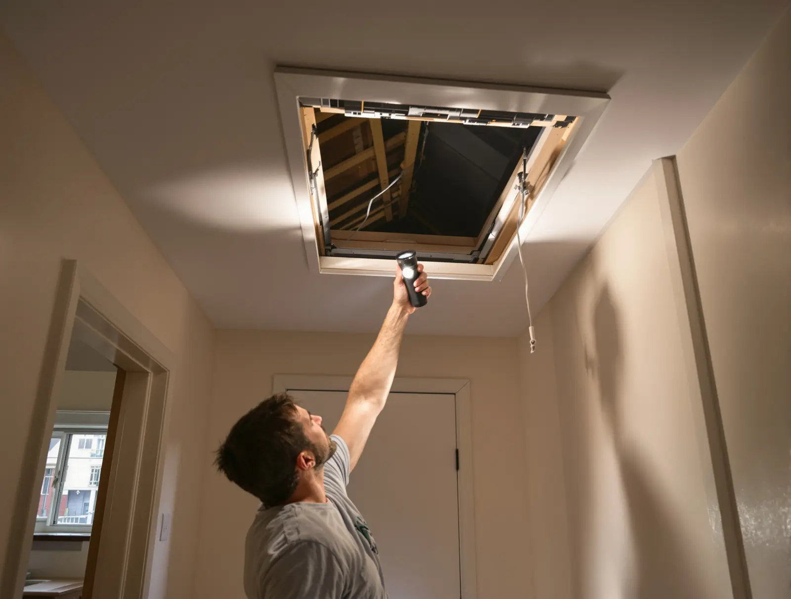 Homeowner peering into attic hatch with a flashlight to inspect insulation and ductwork