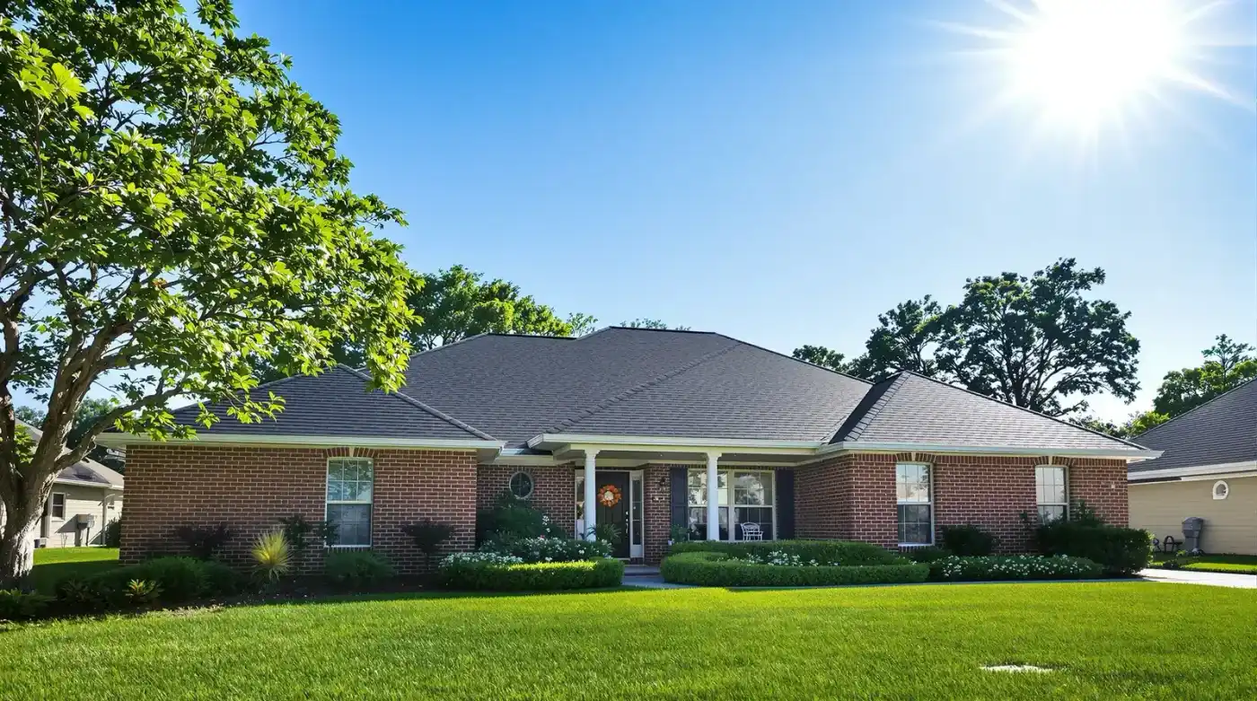 Dark asphalt shingle roof on a Gulf Coast home absorbing intense summer sunlight